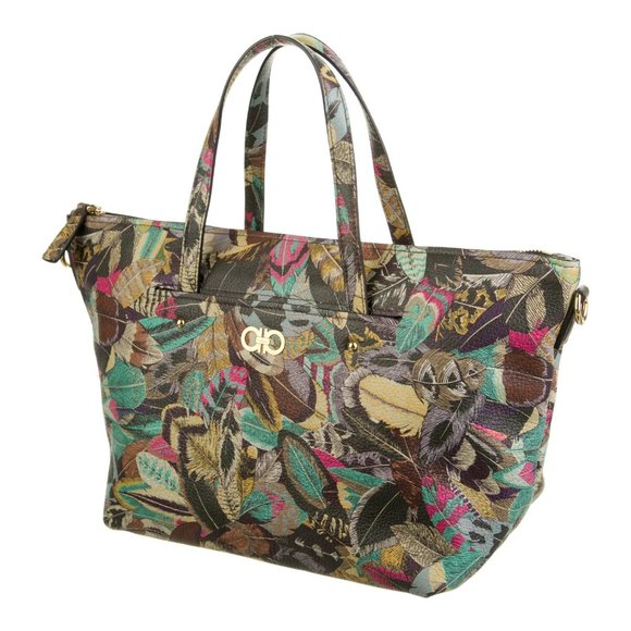 SALVATORE FERRAGAMO Leather Printed Gancini Feather Handle Logo Medium Tote Bag - Picture 2 of 4
